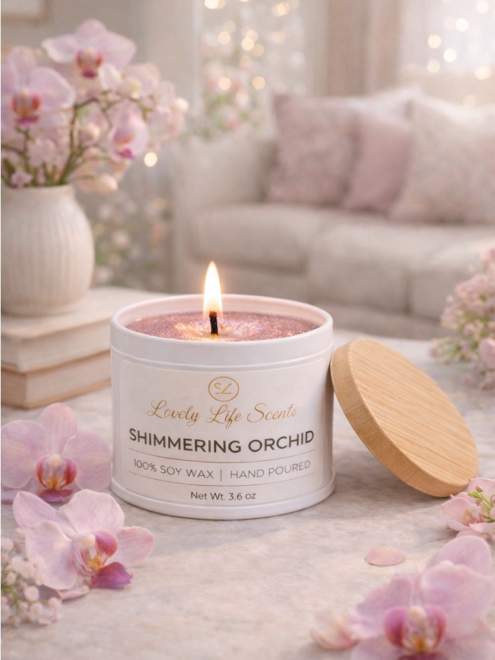 Shimmering Orchid Mini 3.5oz Premium Soy Candle Tin from Lovely Life Scents